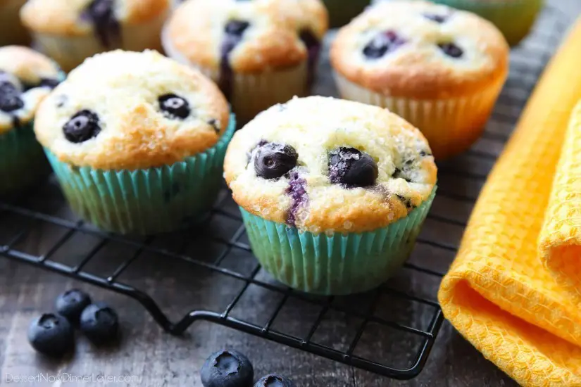 These Blueberry Muffins are so easy to make! With plump blueberries throughout and coarse sugar sprinkled on top, you'll love nibbling on these tasty muffins for breakfast (or brunch)!