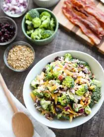 This Broccoli Salad recipe is our favorite! It's creamy, sweet, and salty, with the just the right amount of crunch. A great side dish for barbecues, potlucks, picnics or parties. Everyone loves this salad!