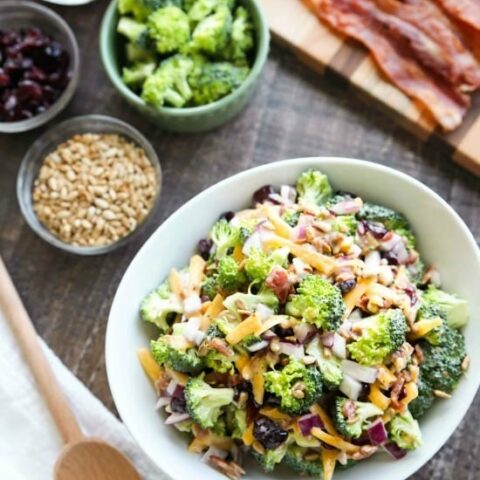 This Broccoli Salad recipe is our favorite! It's creamy, sweet, and salty, with the just the right amount of crunch. A great side dish for barbecues, potlucks, picnics or parties. Everyone loves this salad!