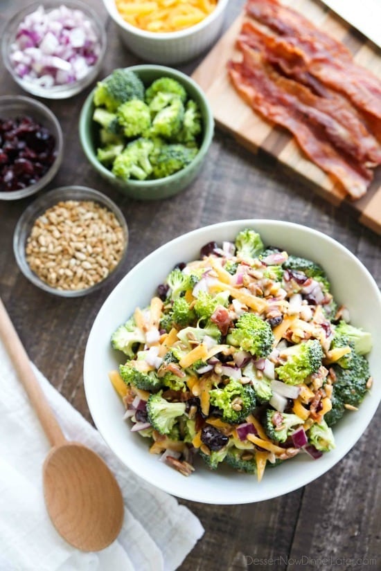 This Broccoli Salad recipe is our favorite! It's creamy, sweet, and salty, with the just the right amount of crunch. A great side dish for barbecues, potlucks, picnics or parties. Everyone loves this salad!