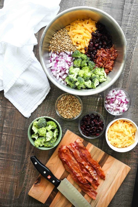 This Broccoli Salad recipe is our favorite! It's creamy, sweet, and salty, with the just the right amount of crunch. A great side dish for barbecues, potlucks, picnics or parties. Everyone loves this salad!