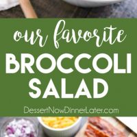 This Broccoli Salad recipe is our favorite! It's creamy, sweet, and salty, with the just the right amount of crunch. A great side dish for barbecues, potlucks, picnics or parties. Everyone loves this salad!