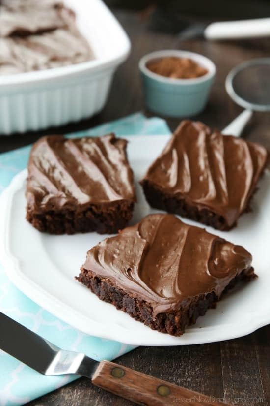 Chocoholics NEED these Frosted Fudge Brownies! Super fudgy homemade brownies are topped with a smooth and creamy fudge chocolate frosting for ultimate chocolate pleasure. Great for lunch box treats, dessert, or anytime!