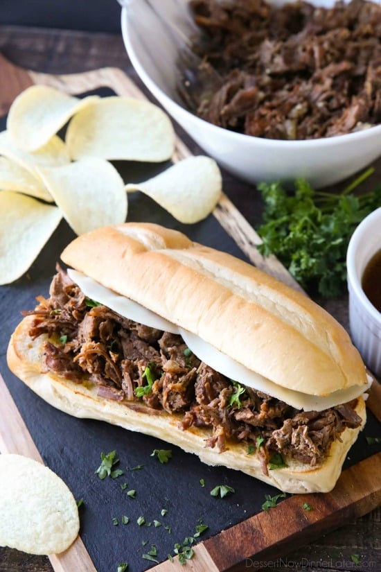 Instant Pot French Dip Sandwiches are full of fork-tender beef roast cooked in a flavorful broth that makes the perfect au jus dipping sauce. A family favorite, easy pressure cooker dinner!