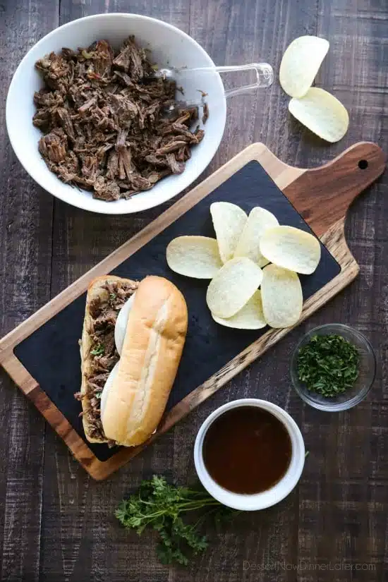 Instant Pot French Dip Sandwiches are full of fork-tender beef roast cooked in a flavorful broth that makes the perfect au jus dipping sauce. A family favorite, easy pressure cooker dinner!