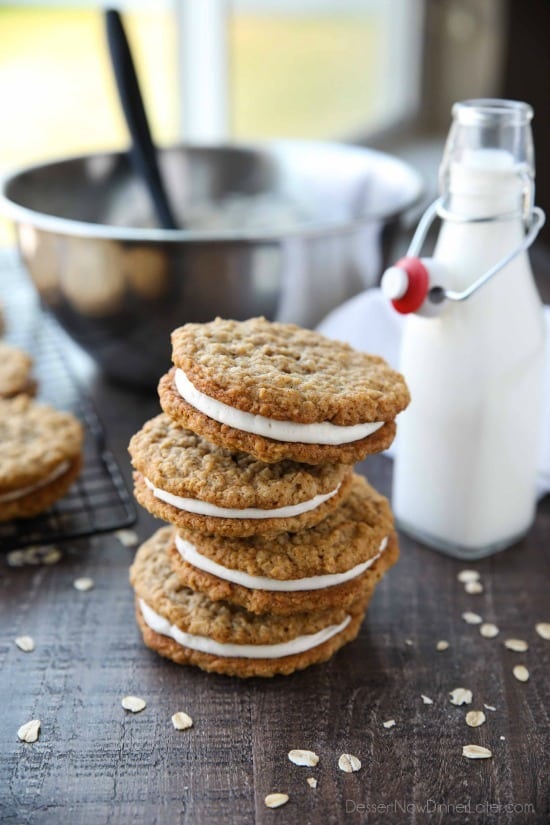 Oatmeal Cream Pies - Soft and chewy oatmeal cookies filled with vanilla buttercream frosting. Inspired by Little Debbie, but made fresh and delicious in your own home!