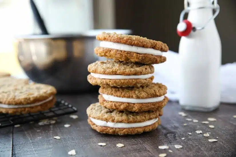 Oatmeal Cream Pies - Soft and chewy oatmeal cookies filled with vanilla buttercream frosting. Inspired by Little Debbie, but made fresh and delicious in your own home!