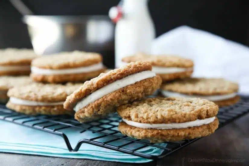 Oatmeal Cream Pies - Soft and chewy oatmeal cookies filled with vanilla buttercream frosting. Inspired by Little Debbie, but made fresh and delicious in your own home!