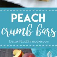 These Peach Crumb Bars are made with fresh summer peaches, sandwiched between a sweet buttery crust and crumb topping, with a hint of cinnamon, and are drizzled with a fresh almond (or vanilla) glaze. The most delicious summer dessert!