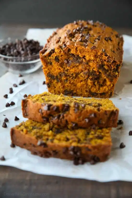 This Pumpkin Chocolate Chip Bread recipe makes two loaves and uses one full can of pumpkin. Save one loaf for you and take the other to a friend, or freeze the second loaf to enjoy later on. This bread is simple, classic, and delicious! 