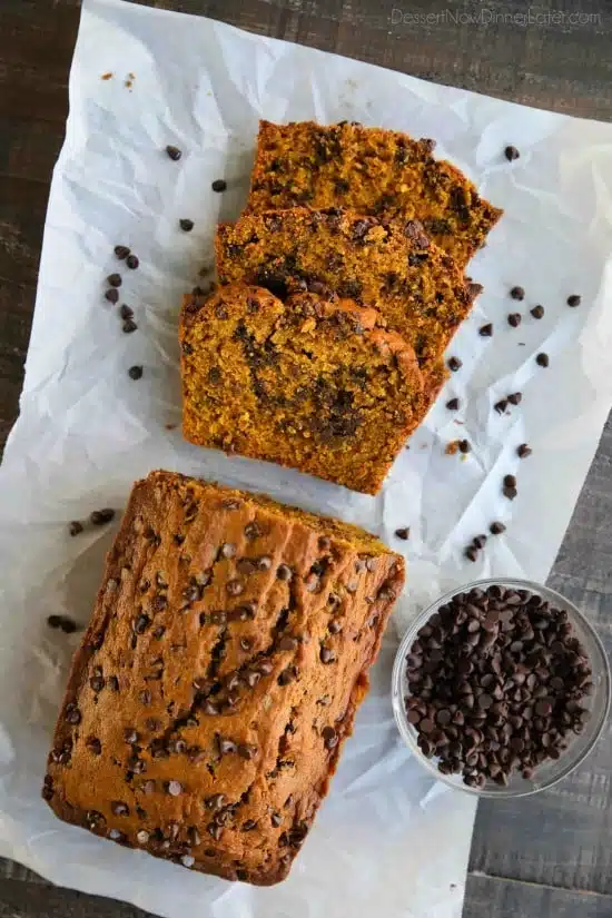 This Pumpkin Chocolate Chip Bread recipe makes two loaves and uses one full can of pumpkin. Save one loaf for you and take the other to a friend, or freeze the second loaf to enjoy later on. This bread is simple, classic, and delicious! 