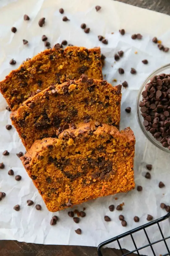 This Pumpkin Chocolate Chip Bread recipe makes two loaves and uses one full can of pumpkin. Save one loaf for you and take the other to a friend, or freeze the second loaf to enjoy later on. This bread is simple, classic, and delicious! 
