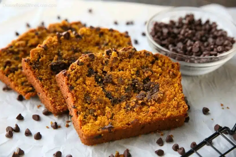 This Pumpkin Chocolate Chip Bread recipe makes two loaves and uses one full can of pumpkin. Save one loaf for you and take the other to a friend, or freeze the second loaf to enjoy later on. This bread is simple, classic, and delicious! 