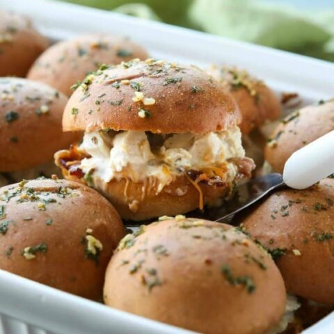 Chicken Bacon Ranch Sliders are perfect for dinner or the big game! Quick and easy to make with leftover chicken. Plus, they taste great!