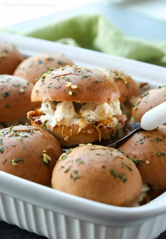 Chicken Bacon Ranch Sliders are perfect for dinner or the big game! Quick and easy to make with leftover chicken. Plus, they taste great!