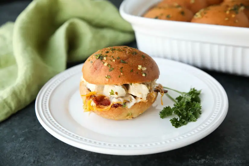 Chicken Bacon Ranch Sliders are perfect for dinner or the big game! Quick and easy to make with leftover chicken. Plus, they taste great!
