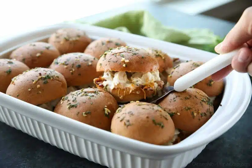 Chicken Bacon Ranch Sliders are perfect for dinner or the big game! Quick and easy to make with leftover chicken. Plus, they taste great!