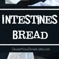 Intestines Bread is a fun halloween party food that makes you look twice. All it really is, is a sweet pull apart bread with cream cheese and raspberries.