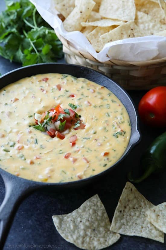 This Queso Dip is classic! Make it mild or hot, chunky or smooth. It's extremely versatile and made with simple ingredients. No Velveeta! A tasty appetizer or snack for game day or any party gathering!