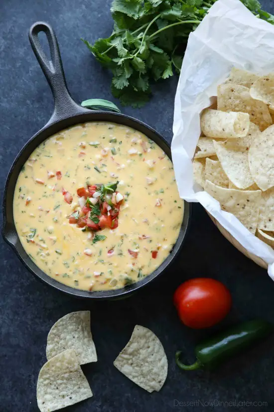 This Queso Dip is classic! Make it mild or hot, chunky or smooth. It's extremely versatile and made with simple ingredients. No Velveeta! A tasty appetizer or snack for game day or any party gathering!