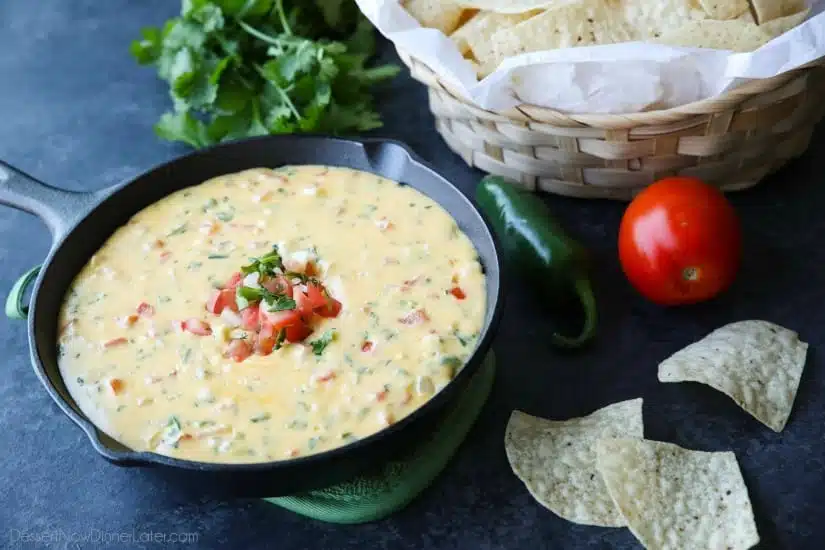 This Queso Dip is classic! Make it mild or hot, chunky or smooth. It's extremely versatile and made with simple ingredients. No Velveeta! A tasty appetizer or snack for game day or any party gathering!