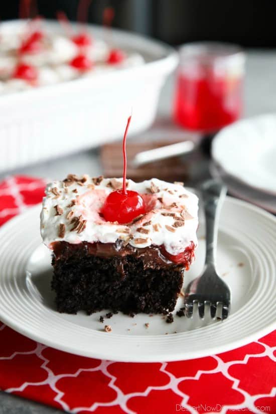 Black Forest Poke Cake is a classic recipe made easy. Plus it serves a crowd! Everyone loves the delicious chocolate-cherry combo in this loaded dessert.