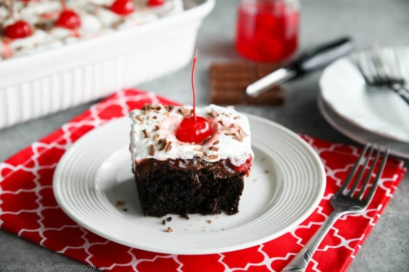 Black Forest Poke Cake is a classic recipe made easy. Plus it serves a crowd! Everyone loves the delicious chocolate-cherry combo in this loaded dessert.