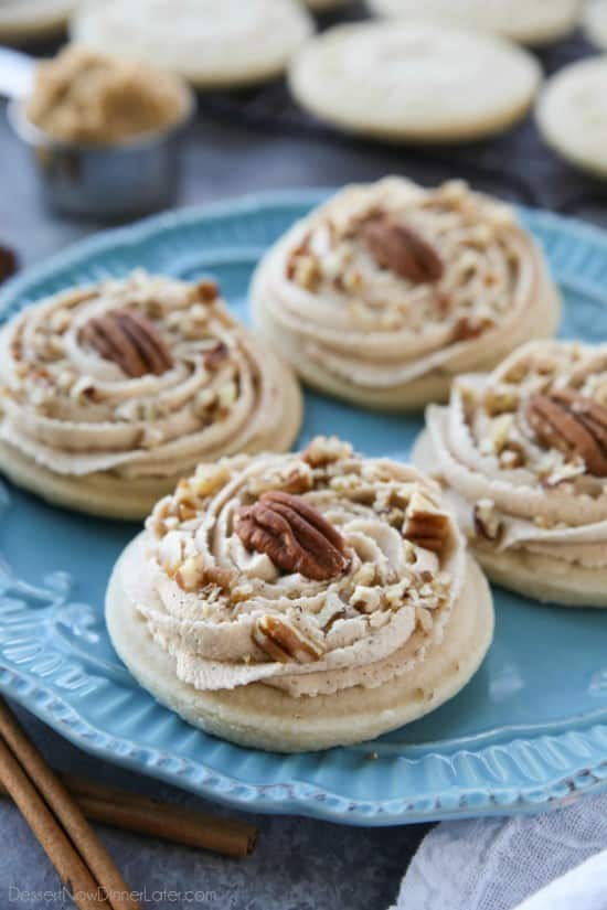 Brown Sugar Pecan Sugar Cookies are made with a classic sugar cookie base and topped with a brown sugar frosting and crunchy toasted pecans.