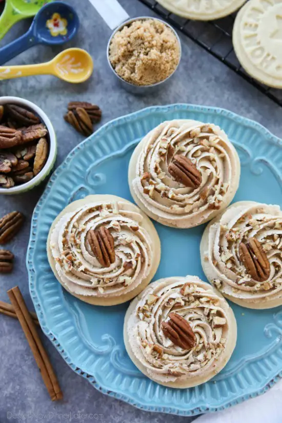 Brown Sugar Pecan Sugar Cookies are made with a classic sugar cookie base and topped with a brown sugar frosting and crunchy toasted pecans.