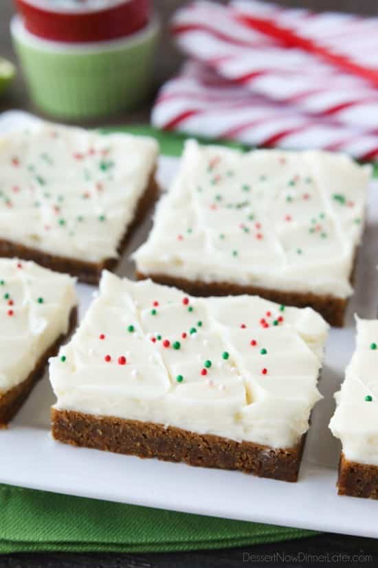 Gingerbread Cookie Bars have a soft and chewy, spiced molasses cookie base topped with the BEST cream cheese frosting. Add red and green sprinkles or nonpareils for a festive Christmas dessert!