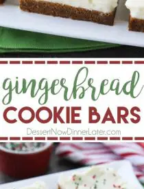 Gingerbread Cookie Bars have a soft and chewy, spiced molasses cookie base topped with the BEST cream cheese frosting. Add red and green sprinkles or nonpareils for a festive Christmas dessert!