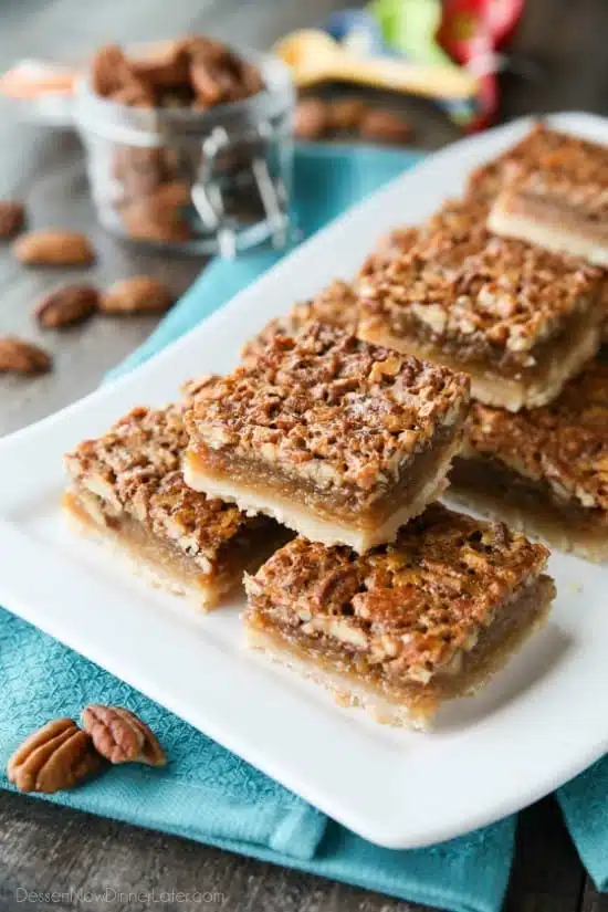 Pecan Pie Bars are made with an easy shortbread crust and delicious pecan pie filling. A crowd-pleasing Thanksgiving or Christmas dessert that will serve many guests.