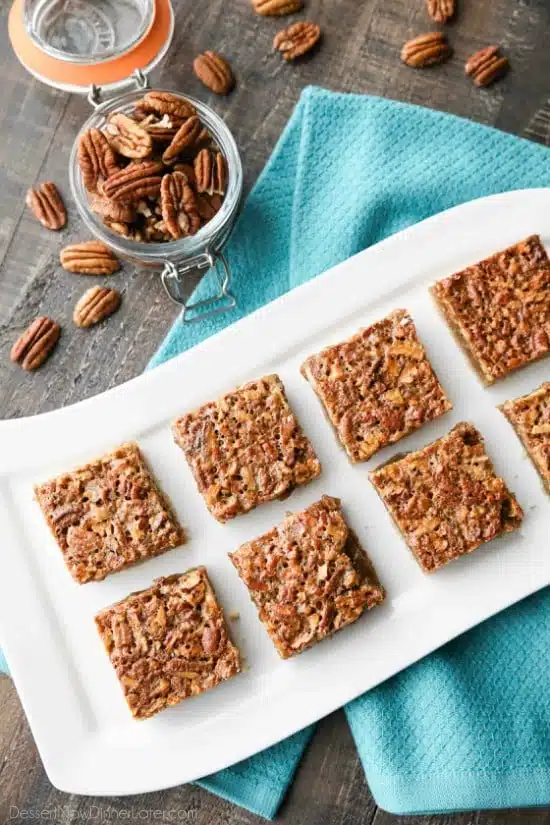 Pecan Pie Bars are made with an easy shortbread crust and delicious pecan pie filling. A crowd-pleasing Thanksgiving or Christmas dessert that will serve many guests.