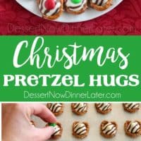 These festive Christmas Pretzel Hugs are melted just enough to press an M&M on the top. Let the chocolate set back up and then package them for neighbor gifts, or place them on a plate for the perfect salty-sweet treat!