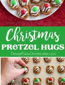 These festive Christmas Pretzel Hugs are melted just enough to press an M&M on the top. Let the chocolate set back up and then package them for neighbor gifts, or place them on a plate for the perfect salty-sweet treat!