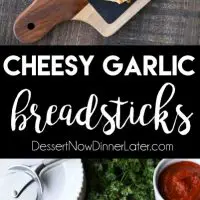 These easy Cheesy Garlic Breadsticks are loaded with garlic, cheese, and herbs for a great tasting breadstick to enjoy for pizza night. Also delicious dipped in marinara sauce!