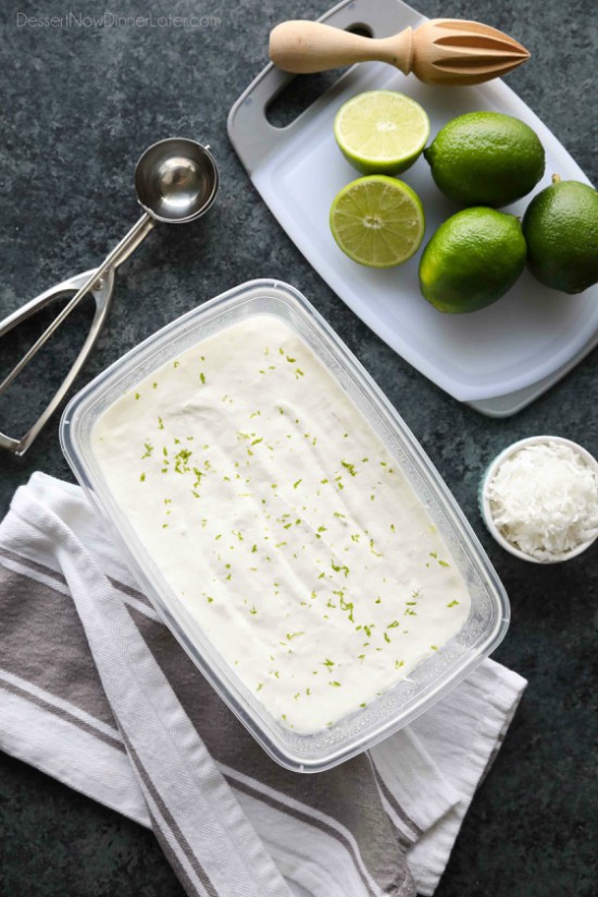 This no churn Easy Coconut Lime Ice Cream is creamy, sweet, tangy, and perfectly tropical. Add soda for an amazing ice cream float! No ice cream maker needed! (+ Recipe Video!)