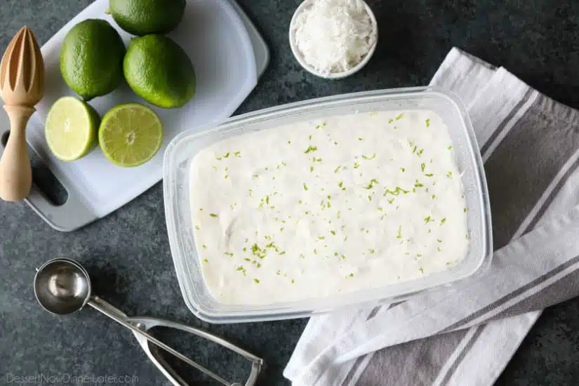 This no churn Easy Coconut Lime Ice Cream is creamy, sweet, tangy, and perfectly tropical. Add soda for an amazing ice cream float! No ice cream maker needed! (+ Recipe Video!)