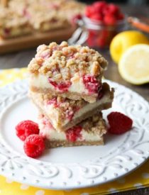 Lemon Raspberry Crumb Bars have a creamy and tangy-sweet filling sandwiched between a brown sugar and oat crust that doubles as the crumb topping. These dessert bars are to die for!