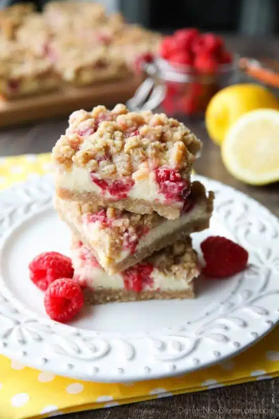 Lemon Raspberry Crumb Bars have a creamy and tangy-sweet filling sandwiched between a brown sugar and oat crust that doubles as the crumb topping. These dessert bars are to die for!