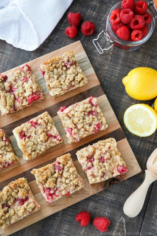 Lemon Raspberry Crumb Bars have a creamy and tangy-sweet filling sandwiched between a brown sugar and oat crust that doubles as the crumb topping. These dessert bars are to die for!