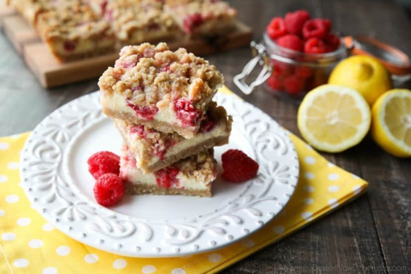 Lemon Raspberry Crumb Bars have a creamy and tangy-sweet filling sandwiched between a brown sugar and oat crust that doubles as the crumb topping. These dessert bars are to die for!