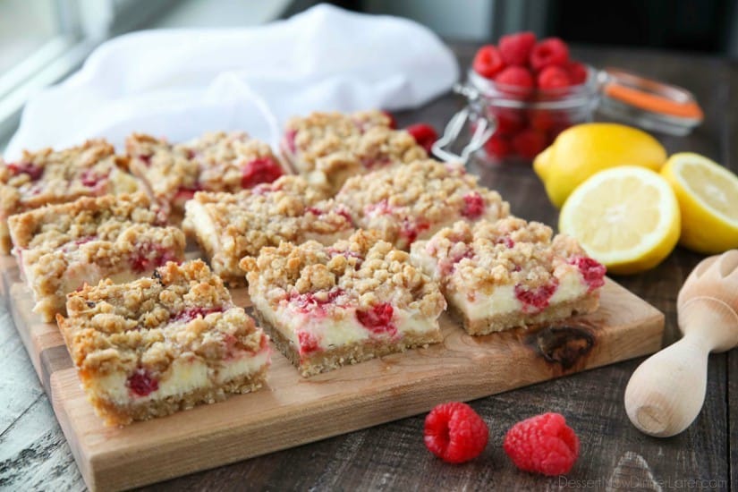 Lemon Raspberry Crumb Bars have a creamy and tangy-sweet filling sandwiched between a brown sugar and oat crust that doubles as the crumb topping. These dessert bars are to die for!