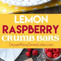 Lemon Raspberry Crumb Bars have a creamy and tangy-sweet filling sandwiched between a brown sugar and oat crust that doubles as the crumb topping. These dessert bars are to die for!