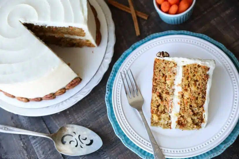 This easy carrot cake recipe is moist, perfectly-spiced, and topped with the BEST cream cheese frosting. Customize it with your favorite fillers or enjoy it simply as-is.