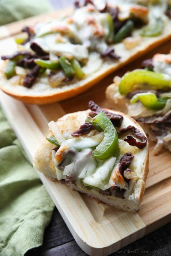 Philly Cheesesteak French Bread is a delicious open-faced sandwich with plenty of juicy meat, crisp veggies, and melty cheese for an easy dinner that is sure to satisfy!