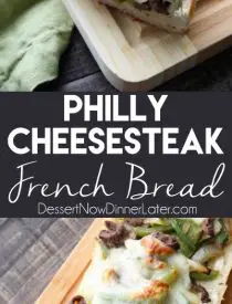 Philly Cheesesteak French Bread is a delicious open-faced sandwich with plenty of juicy meat, crisp veggies, and melty cheese for an easy dinner that is sure to satisfy!