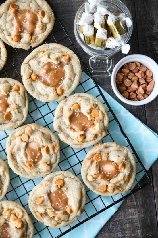 Salted Caramel Cookies are soft, chewy, and full of caramel, with just the right amount of salt. This sweet and salty dessert is one recipe you'll make again and again!