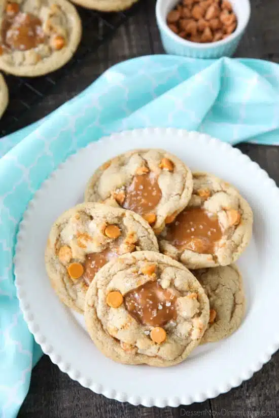 Salted Caramel Cookies are soft, chewy, and full of caramel, with just the right amount of salt. This sweet and salty dessert is one recipe you'll make again and again!