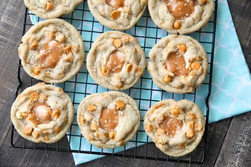 Salted Caramel Cookies are soft, chewy, and full of caramel, with just the right amount of salt. This sweet and salty dessert is one recipe you'll make again and again!